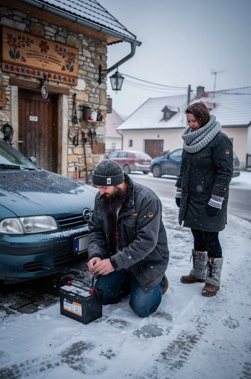 Detailný pohľad na alternátor vozidla počas diagnostiky elektroinštalácie po mrazivom období