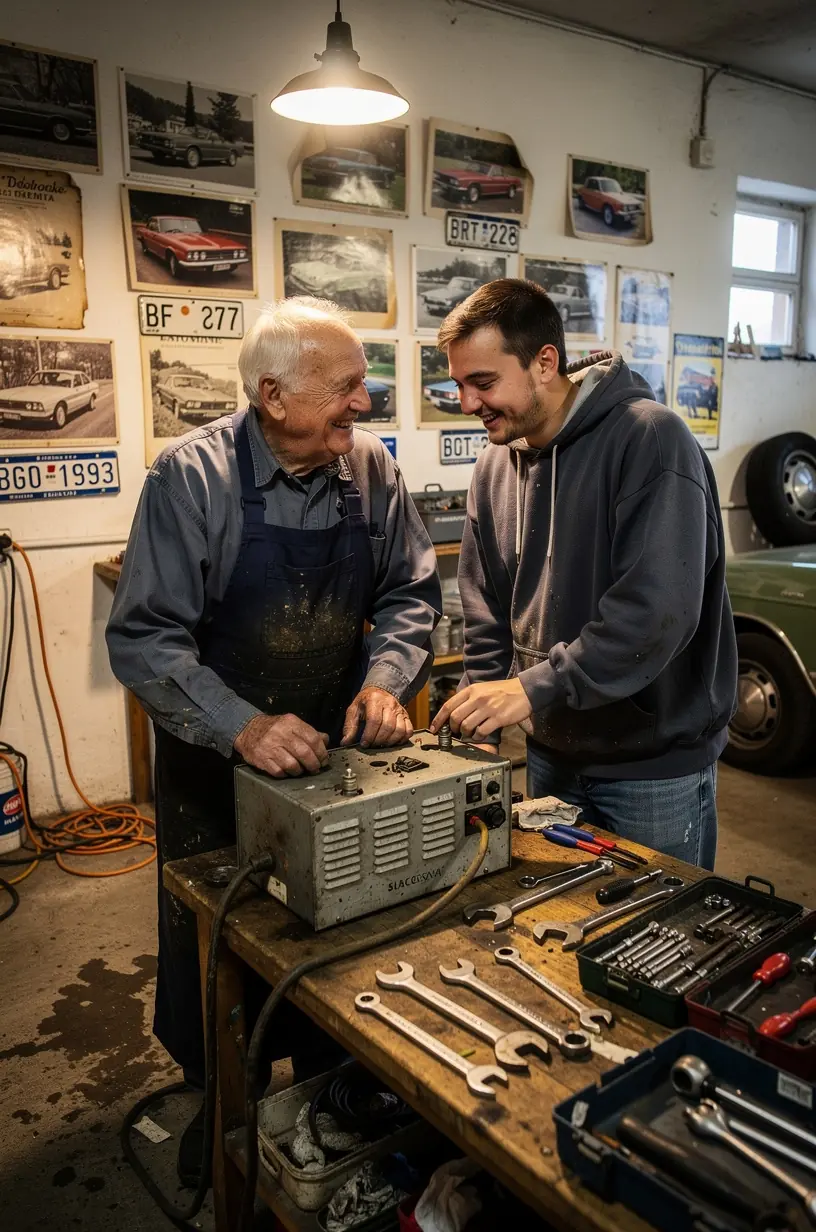 Technik kontrolujúci stav batérie a káblov v aute s cieľom zabezpečiť spoľahlivý štart v zime